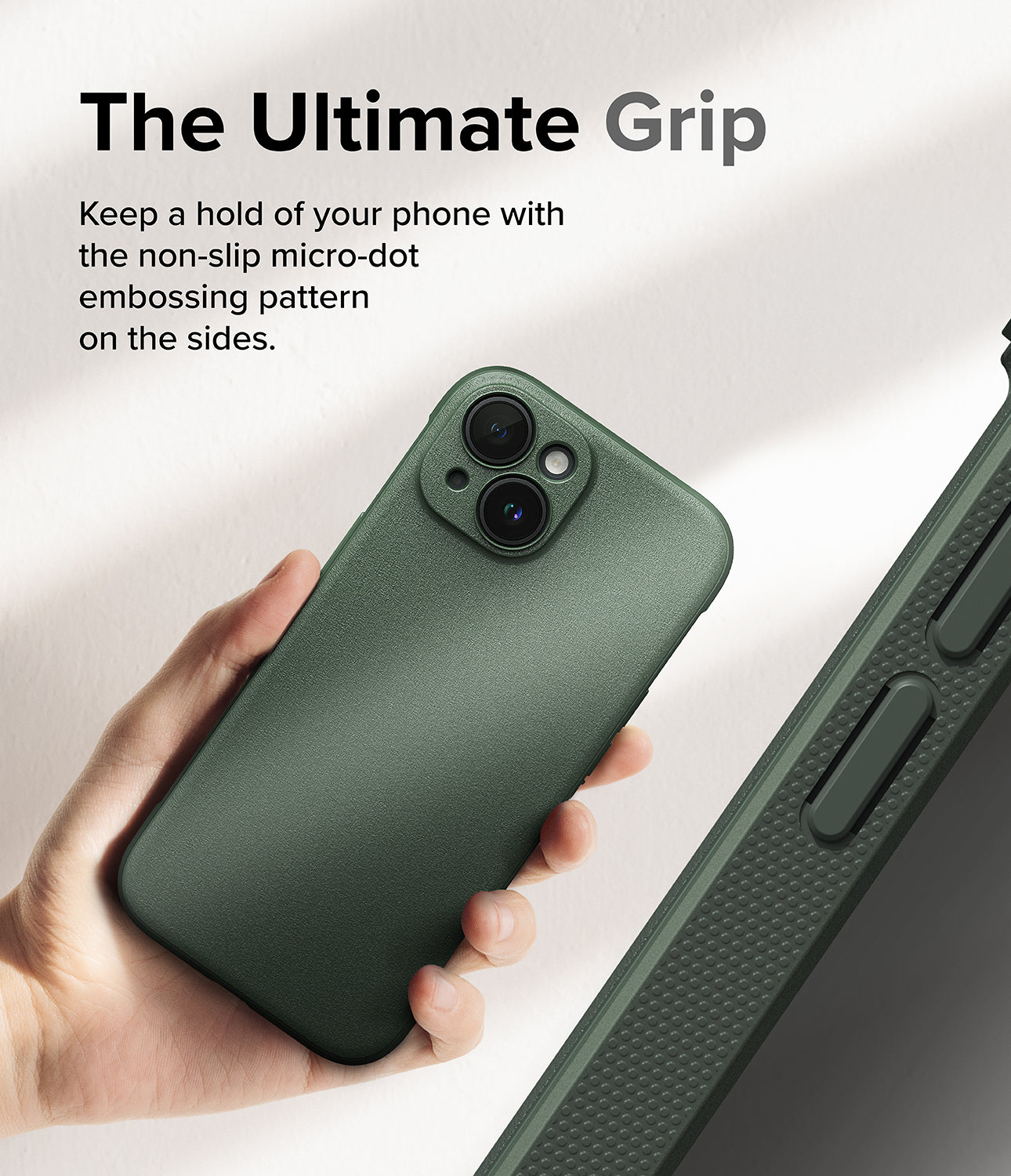 iPhone 15 Case | Onyx - Dark Green- The Ultimate Grip. Keep a hold of your phone with the non-slip micro-dot embossing pattern on the sides.