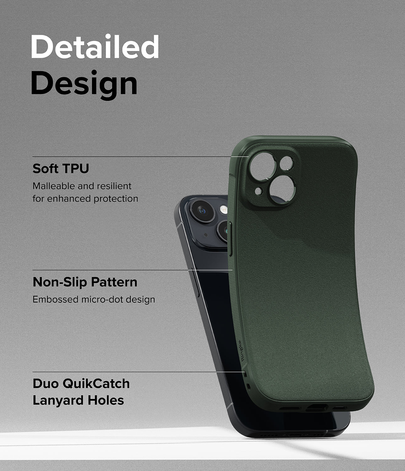 iPhone 15 Case | Onyx - Dark Green - Detailed Design. Malleable and resilient for enhanced protection with Soft TPU. Embossed micro-dot design. Non-Slip Pattern. Duo QuikCatch Lanyard Holes.