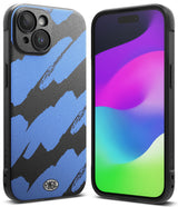 iPhone 15 Case | Onyx Design - Black phone case with blue brushstroke pattern and a vibrant abstract screen display.