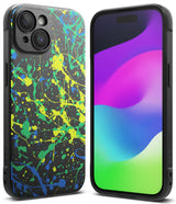 iPhone 15 Case | Onyx Design - Black phone case with neon yellow, green, and blue paint splatter pattern on the back.