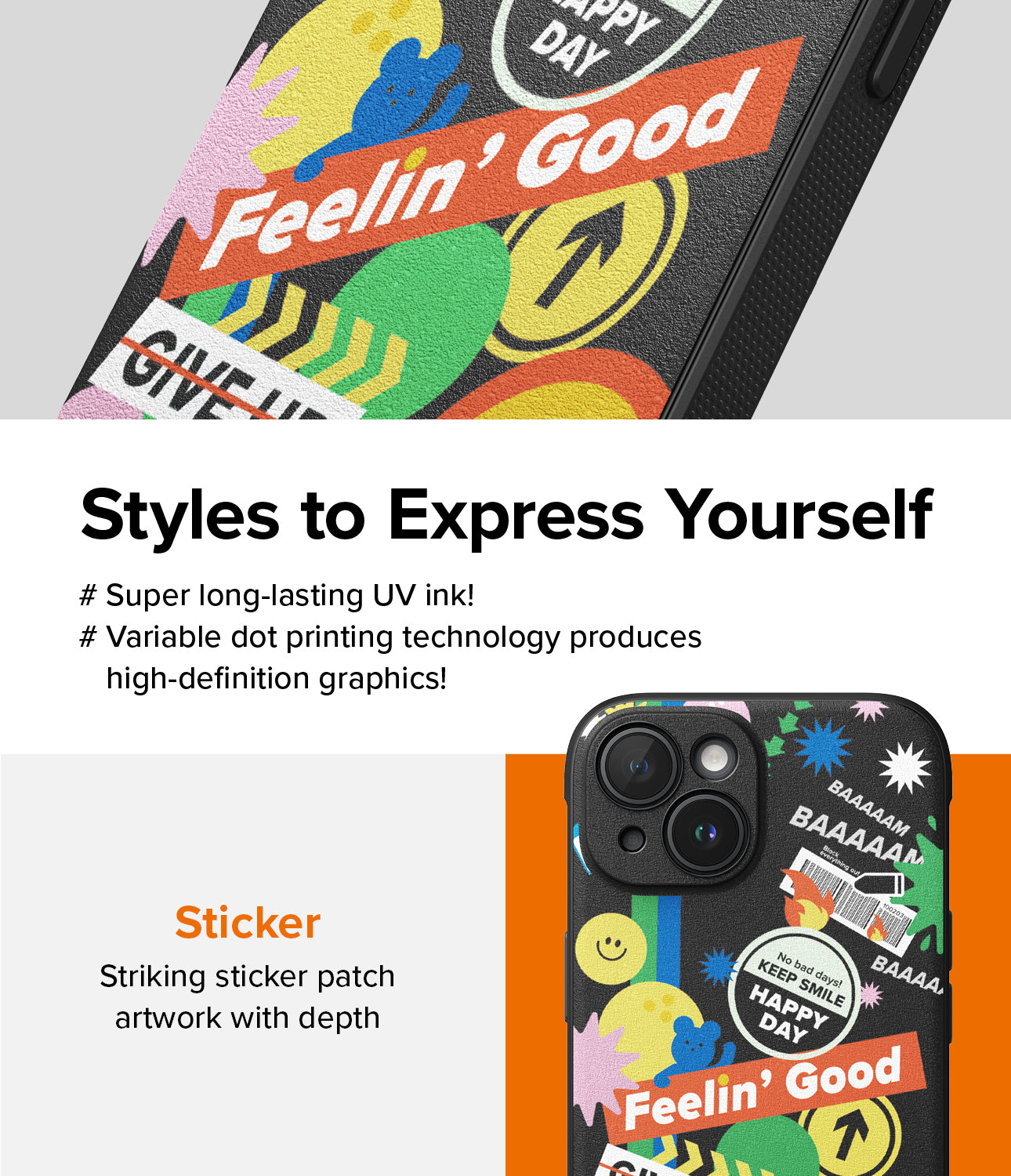 iPhone 15 Case | Onyx Design - Styles to Express Yourself. # Super long-lasting UV ink! # Variable dot printing technology produces high-definition graphics! Striking sticker patch artwork with depth.