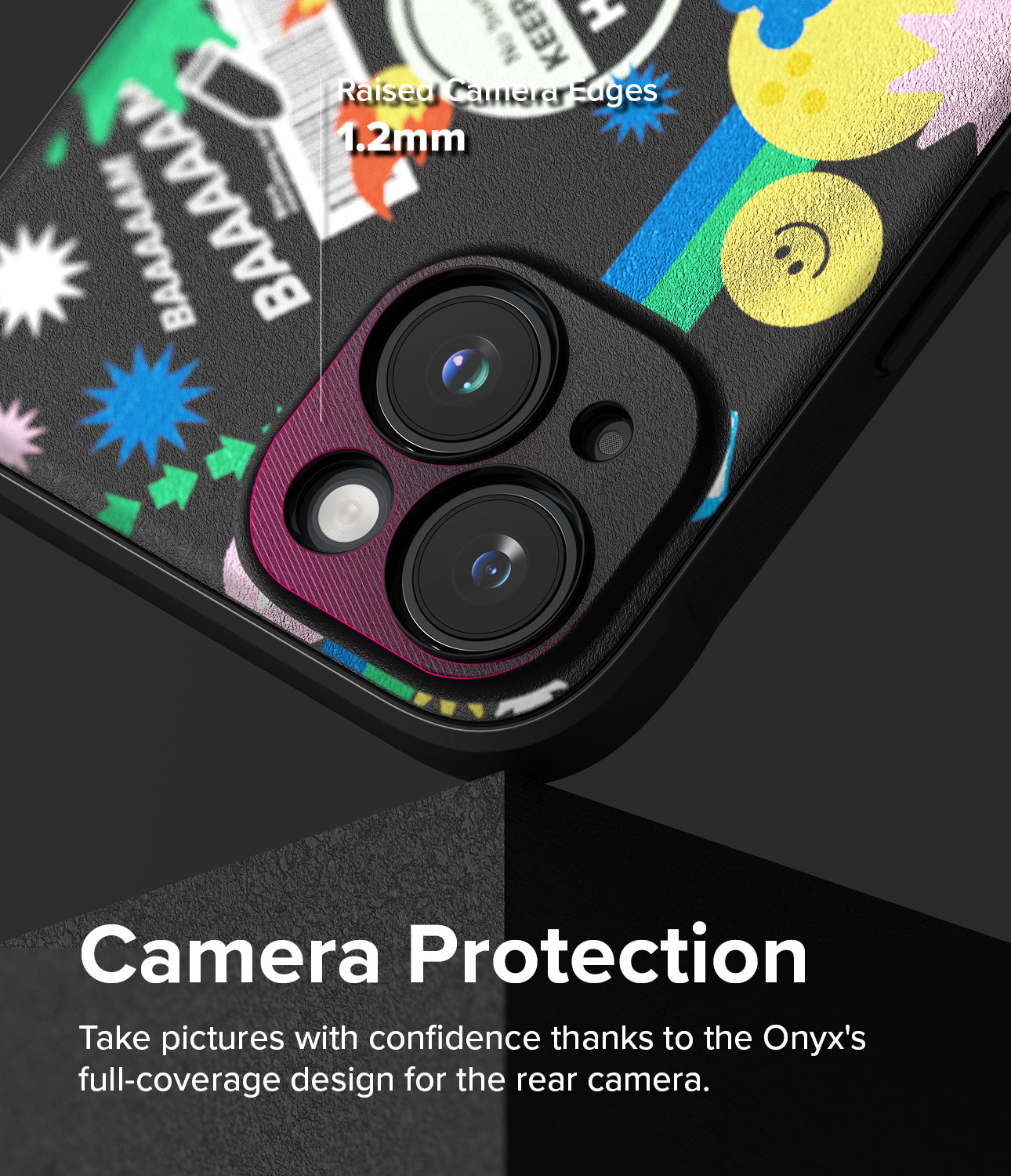 iPhone 15 Case | Onyx Design - Sticker - Camera Protection. Take pictures with confidence thanks to the Onyx's full-coverage design for the rear camera.