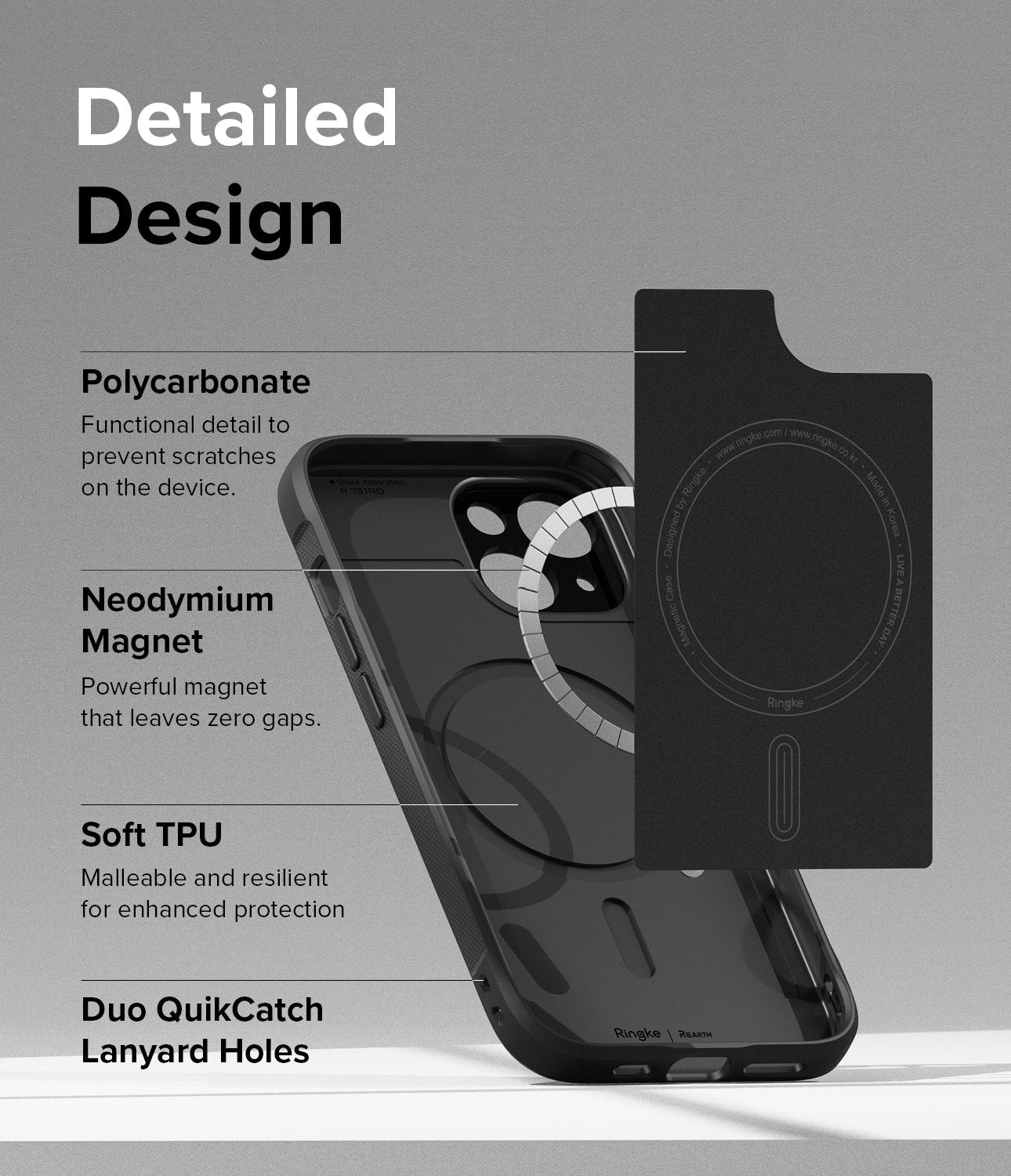 Ốp lưng iPhone 15 Plus | Onyx Magnet - Thiết kế chi tiết. Chi tiết chức năng Polycarbonate để chống trầy xước trên thiết bị. Nam châm Neodymium không để lại khoảng trống. TPU mềm. Dễ uốn và đàn hồi để tăng cường bảo vệ. Duo QuikCatch Lỗ Dây Buộc.