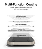 iPhone 15 Screen Protector | Privacy Glass - Multi-Function Coating. 5-layer practical design for clean and safe smartphone usage. Oleophobic Coating. Glass, Black Silk-Screen Print. Polarized Film. Silicone Adhesive.