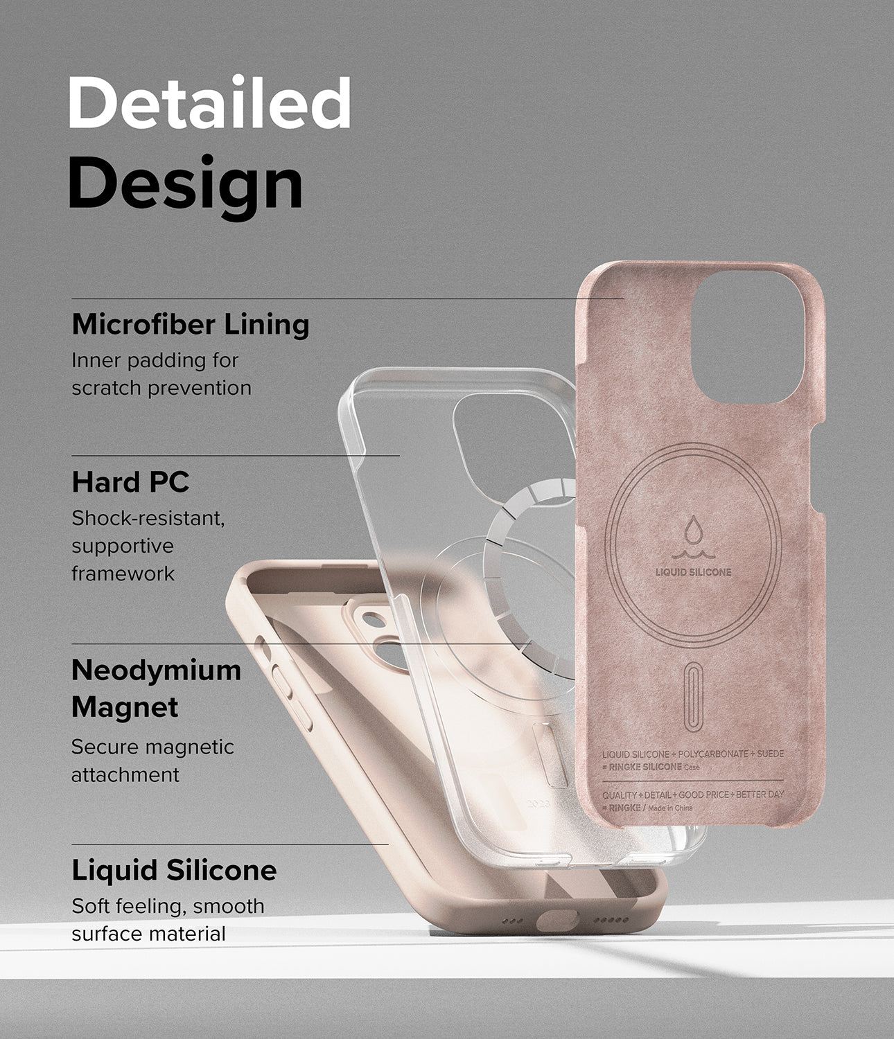 iPhone 15 Case | Silicone Magnetic - Pink Sand - Detailed Design. Inner padding for scratch prevention with Microfiber Lining. Shock-resistant, supportive framework with Hard PC. Secure magnetic attachment with Neodymium Magnet. Soft feeling, smooth surface material with Liquid Silicone.