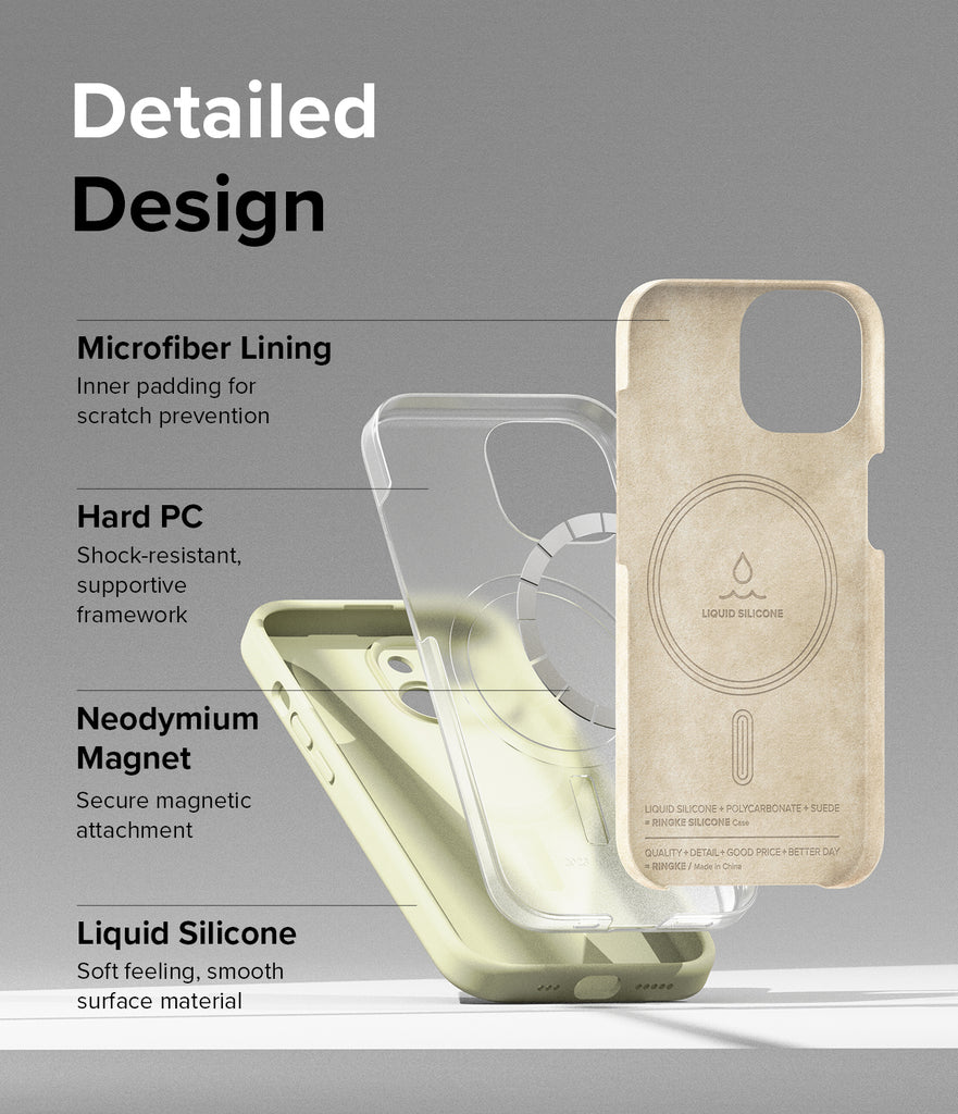iPhone 15 Case | Silicone Magnetic - Detailed Design - Microfiber Lining. Inner padding for scratch prevention. Hard PC Shock-resistant, supportive framework. Neodymium Magnet. Securer magnetic attachment. Liquid Silicone. Soft feeling, smooth surface material.