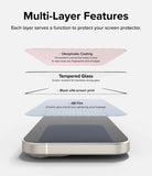 iPhone 15 Screen Protector | Full Cover Glass - Multi-Layer Features. Each layer serves a function to protect your screen protector. Oleophobic Coating. Tempered Glass. Black Silk-Screen Print. AB Film.