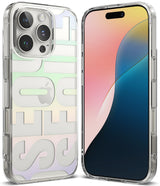 iPhone 16 Pro Max Case | Fusion Design - Clear case with pastel typography overlaying an iPhone 16 Pro Max.
