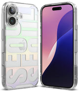 iPhone 16 Plus Case | Fusion Design - Clear phone case with pastel gradient lettering over an iPhone 16 Plus.