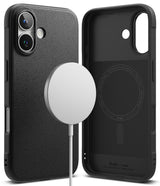 iPhone 16 Plus Case | Onyx Magnetic - Black textured phone case showing exterior and interior with magnetic charger.