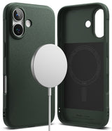 iPhone 16 Plus Case | Onyx Magnetic - Dark green textured phone case shown from back and interior with magnetic charger.