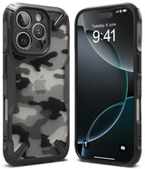 iPhone 16 Pro Max Case | Fusion-X - Black rugged case with a striped camo back, shown from front and rear angles.