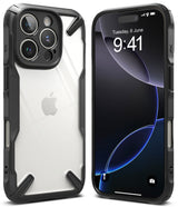 iPhone 16 Pro Case | Fusion-X - Front and back view of a rugged black and clear protective phone case on an iPhone.