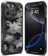 iPhone 16 Pro Case | Fusion-X - Black and white camo phone case shown from back and front with a black frame.