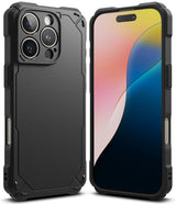 iPhone 16 Pro Case | Rugged Gear - Black rugged protective case shown from back and front views on an iPhone 16 Pro.