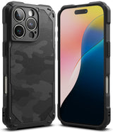 iPhone 16 Pro Case | Rugged Gear - Black rugged phone case with a textured camo back and front view showing the screen.