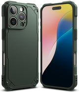 iPhone 16 Pro Case | Rugged Gear - Dark green rugged protective case shown from back and front views on an iPhone 16 Pro.