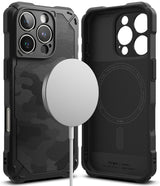 iPhone 16 Pro Case | Rugged Gear Magnetic - Black rugged phone case with magnetic charger, shown from front and back views.