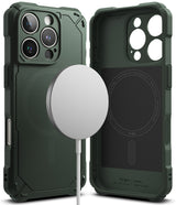 iPhone 16 Pro Case | Rugged Gear Magnetic - Dark green rugged phone case with magnetic charger and interior view.