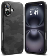 iPhone 16 Plus Case | Onyx - Black phone case with a subtle camo texture shown from front and back angles.