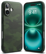 iPhone 16 Plus Case | Onyx - Green camouflage textured phone case shown from back and front with a green gradient screen.