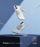 [Combo] iPhone 16 | Folio Wallet Magnetic + Fusion Magnetic - Clear iPhone 16 cases floating with magnetic chargers.