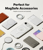 [Combo] iPhone Air Cover | Folio Grip Wallet Magnetic + Fusion Magnetic - Clear iPhone case surrounded by various MagSafe wallets, rings, and chargers on a light background.