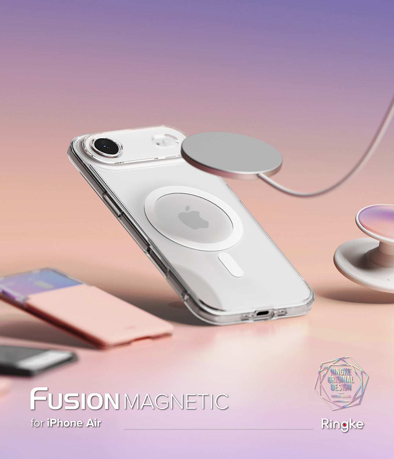 iPhone Air Case | Fusion Magnetic Matte - Clear magnetic phone case floating with a charger and accessories on a gradient background.
