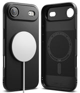 iPhone Air Case | Onyx Magnetic - Black matte phone case shown from back and interior with a white magnetic charger attached.