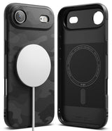 iPhone Air Case | Onyx Magnetic - Black camo phone case with a white magnetic charger attached to the back and interior view.