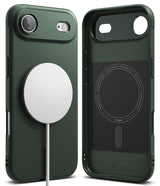 iPhone Air Case | Onyx Magnetic - Dark green phone case with magnetic charger attached and interior view showing branding.