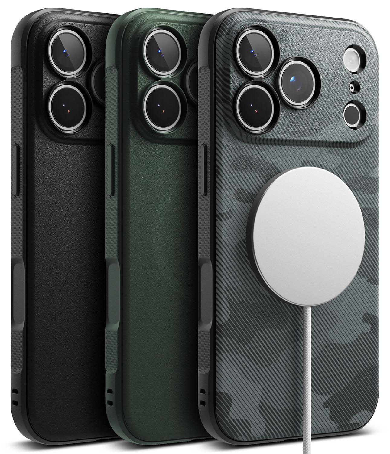 iPhone 18 Pro Max Case | Onyx Magnetic - Three protective phone cases shown from the back in a studio render: a matte black case, a dark green case, and a dark gray carbon-fiber-pattern case with a white MagSafe ring attached. No person, animal, or real environment is present.