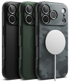 iPhone 18 Pro Max Case | Onyx Magnetic - Three protective phone cases shown from the back in a studio render: a matte black case, a dark green case, and a dark gray carbon-fiber-pattern case with a white MagSafe ring attached. No person, animal, or real environment is present.