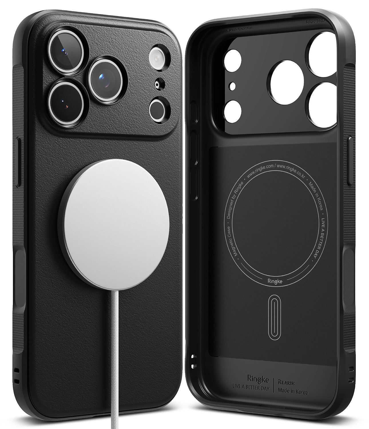 iPhone 18 Pro Max Case | Onyx Magnetic - Black MagSafe-compatible phone case shown from the back and inside, with a white circular MagSafe ring attached on the back view. The case has a textured finish and precise cutouts for the camera lenses and magnetic ring.