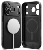 iPhone 18 Pro Max Case | Onyx Magnetic - Black MagSafe-compatible phone case shown from the back and inside, with a white circular MagSafe ring attached on the back view. The case has a textured finish and precise cutouts for the camera lenses and magnetic ring.