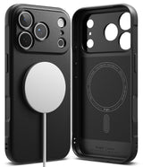 iPhone 18 Pro Max Case | Onyx Magnetic - Black MagSafe-compatible phone case shown from the back and inside, with a white circular MagSafe ring attached on the back view. The case has a textured finish and precise cutouts for the camera lenses and magnetic ring.