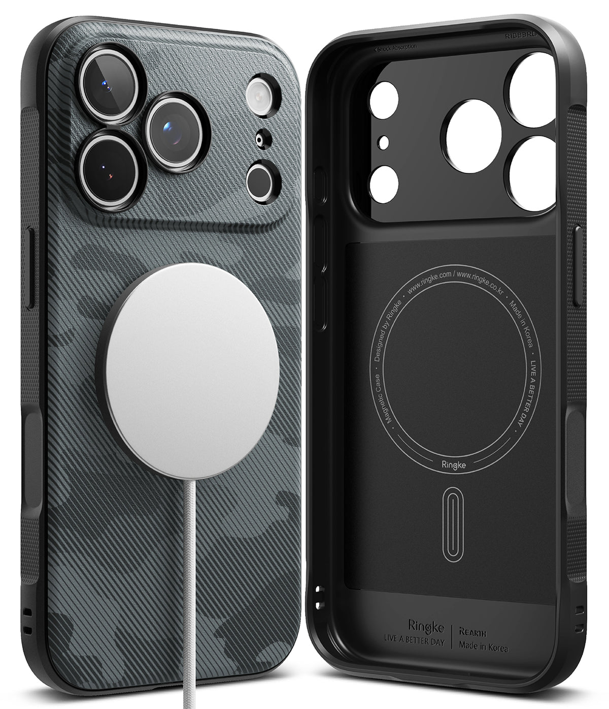 iPhone 18 Pro Max Case | Onyx Magnetic - Two views of a Ringke iPhone case on a white background: the back view shows a dark gray carbon-fiber-style pattern with a large white MagSafe ring, and the inner view shows a black MagSafe-compatible magnetic lining.