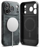 iPhone 18 Pro Max Case | Onyx Magnetic - Two views of a Ringke iPhone case on a white background: the back view shows a dark gray carbon-fiber-style pattern with a large white MagSafe ring, and the inner view shows a black MagSafe-compatible magnetic lining.