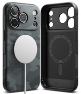 iPhone 18 Pro Max Case | Onyx Magnetic - Two views of a Ringke iPhone case on a white background: the back view shows a dark gray carbon-fiber-style pattern with a large white MagSafe ring, and the inner view shows a black MagSafe-compatible magnetic lining.