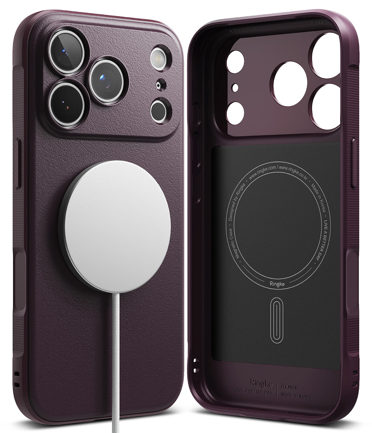 iPhone 18 Pro Max | Onyx Magnetic - Two views of a dark purple MagSafe-compatible phone case on a white background, showing the textured back with a white magnetic ring and the black interior with MagSafe alignment text.