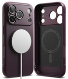 iPhone 18 Pro Max | Onyx Magnetic - Two views of a dark purple MagSafe-compatible phone case on a white background, showing the textured back with a white magnetic ring and the black interior with MagSafe alignment text.