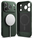 iPhone 18 Pro Max Case | Onyx Magnetic - Dark green MagSafe-compatible phone case shown from the back and the inside, with a white circular MagSafe ring and part of a white cable visible on the left case. The right side shows the interior magnetic ring area and printed branding text near the bottom.