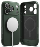 iPhone 18 Pro Max Case | Onyx Magnetic - Dark green MagSafe-compatible phone case shown from the back and the inside, with a white circular MagSafe ring and part of a white cable visible on the left case. The right side shows the interior magnetic ring area and printed branding text near the bottom.