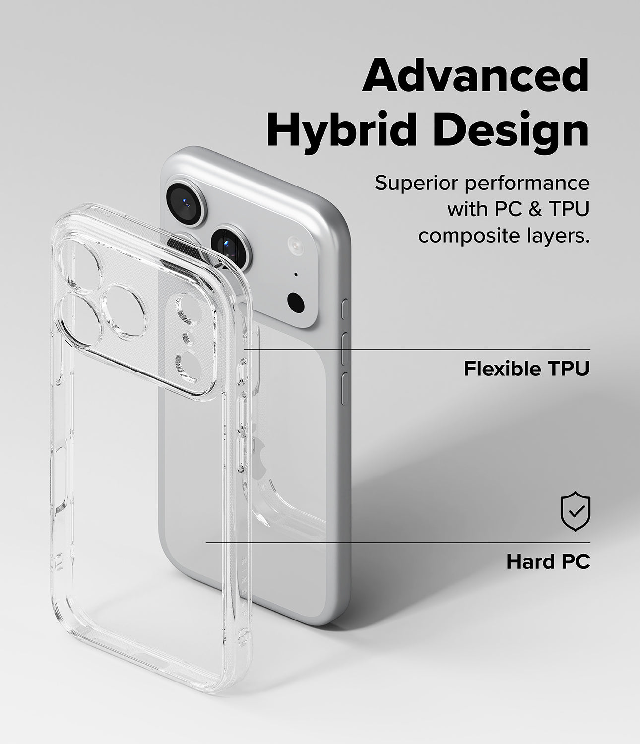 iPhone 17 Pro Max case with clear back and text about hybrid design