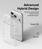 iPhone 17 Pro Max case with clear back and text about hybrid design