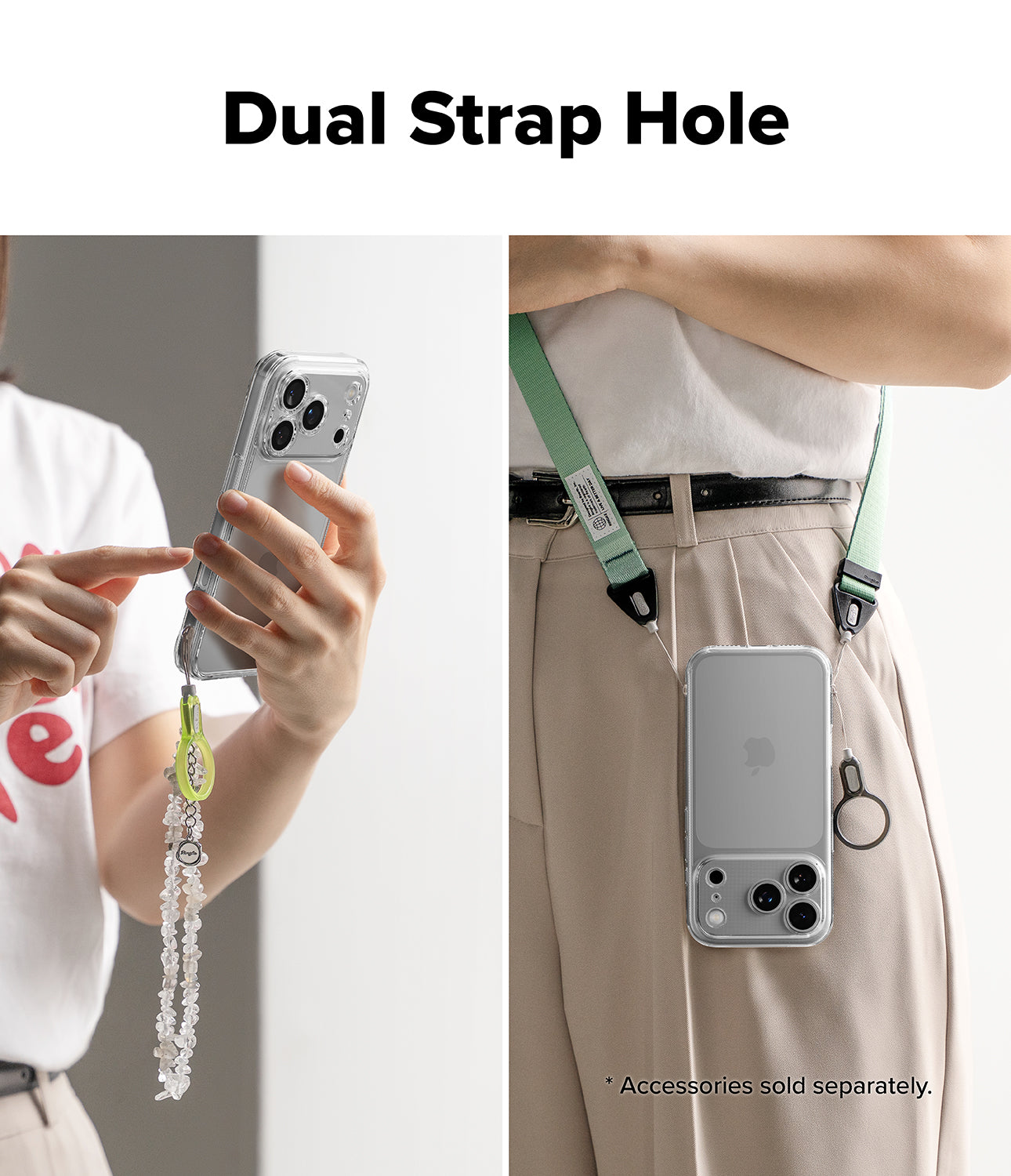 Clear case with dual strap hole feature shown on a person holding a iPhone 17 Pro Max.