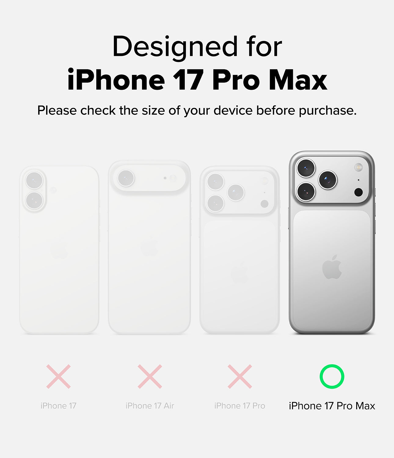 Compatibility guide for iPhone 17 Pro Max with size comparison icons.