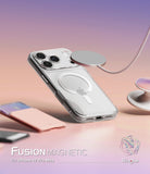 [Combo] iPhone 17 Pro Max | Folio Grip Wallet Magnetic + Fusion Magnetic - iPhone 17 Pro Max - Clear magnetic phone case with a floating charger, pink folio wallet, and grip stand on a gradient.
