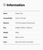 Product information card for Ringke Onyx case with specifications on a white background