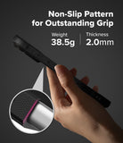 Hand holding a black iPhone 17 pro max with text about non-slip pattern, weight, and thickness on a dark background.